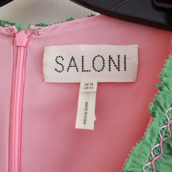 SALONI Lea Color-block Ruffled Smocked Crepe Maxi Dress Pink Green - Picture 3 of 12